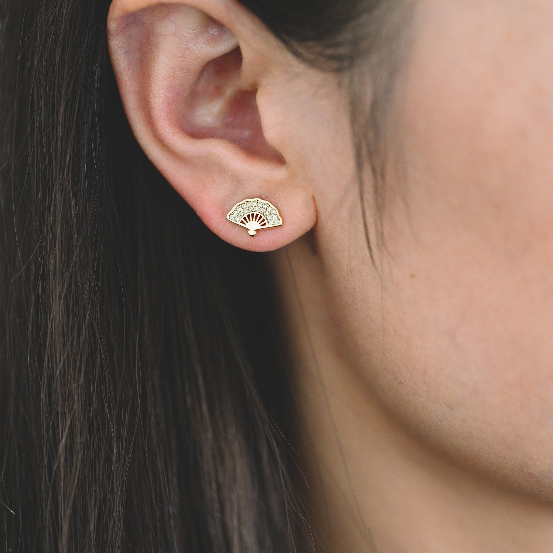 4pcs CZ Pave Gold Fan Shape Earring Posts, Gold Plated Brass Fan Stud Earrings (#GB-3481)